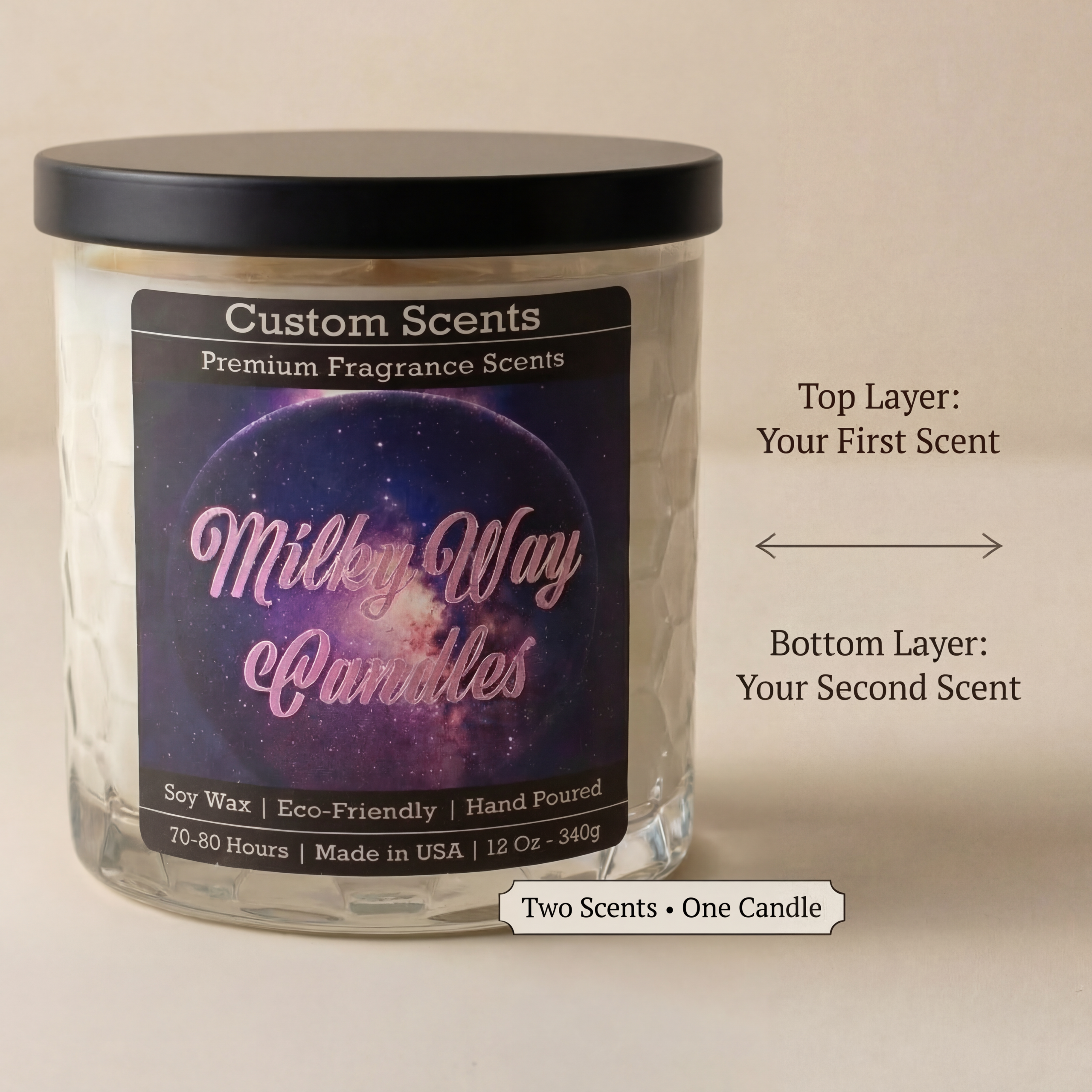 Custom Scented Combo High-Fragrance Load – Luxury Soy Wax Candle by Milkyway Candles 12 Oz (70-80 Hours)