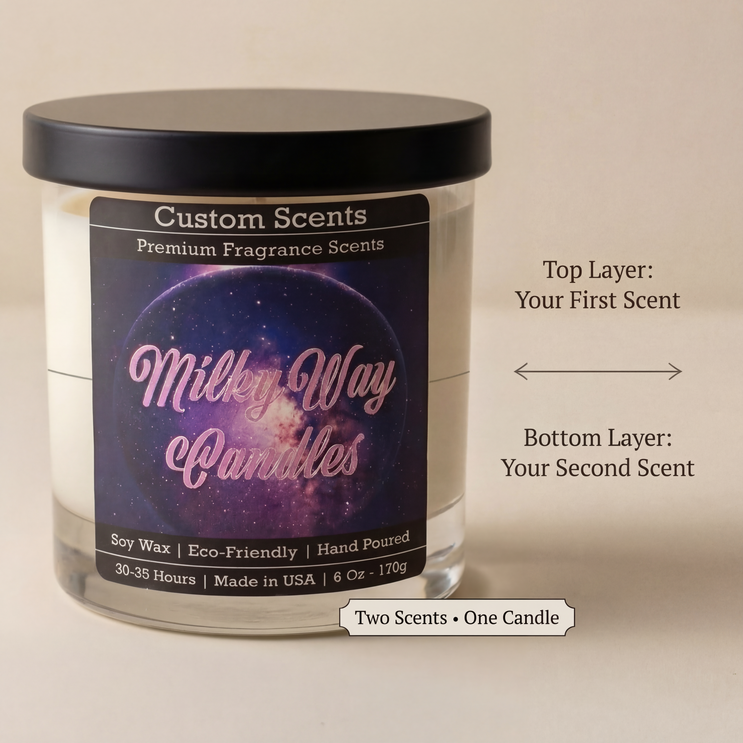 Custom Scented Combo High-Fragrance Load – Luxury Soy Wax Candle by Milkyway Candles 6 Oz (30-35 Hours)