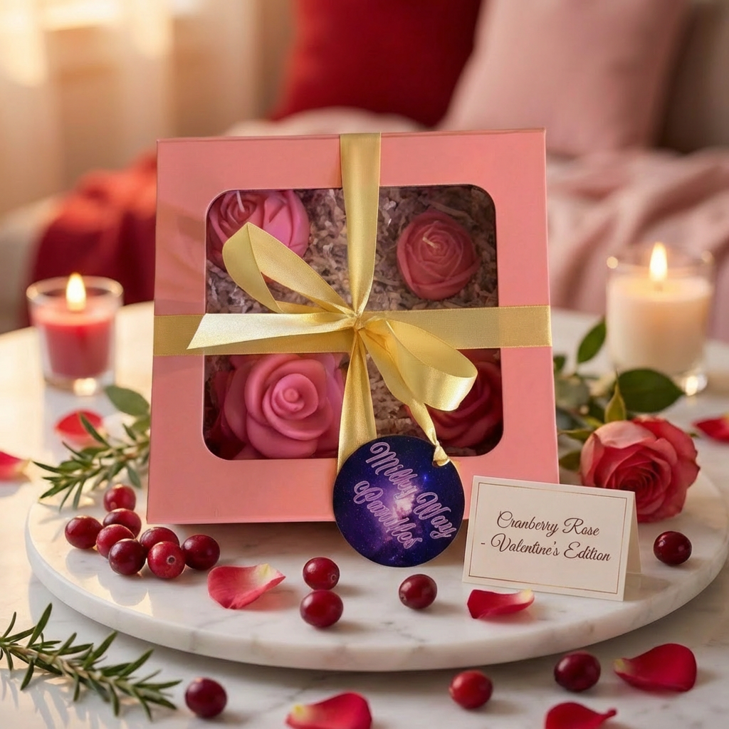 Valentine’s Day Luxury Candle Gift Box Cranberry Rose Fragrance by MilkyWay Candles - 4 Units | 16 Oz