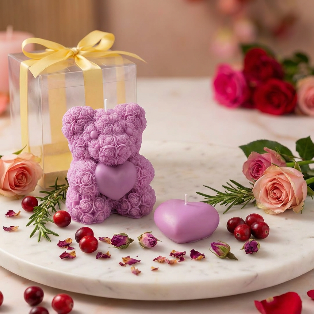 Valentine’s Day Bear | Heart Luxury Candle Gift Box Cranberry Rose Fragrance by MilkWay Candles- 2 Units | 12 Oz